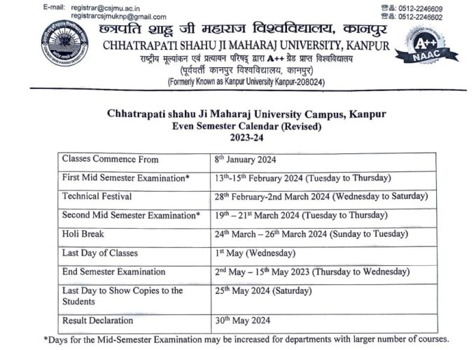 CSJM-Kanpur-Even-Semester-Calendar-Revised-Session-2023-24